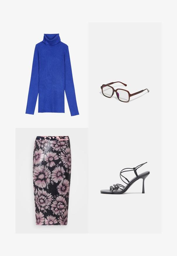 Royalblå ribbad polotröja gjord av texturerad tyg med långa ärmar och ett vikbart krage, med en smal passform.; Blommig blyertskjol med svart bas, prydd med rosa och vita blommönster. Tillverkad av paljettmaterial som framhäver textur och design.; Svarta högklackade sandaler har tunna remmar med en knuten design, en slät fyrkantig tå och en smal stilettklack.; Bruna, rektangulära glasögon med genomskinliga linser och lila toning. Slät plastbåge med raka skalmar och subtila detaljer.; Brun faux läder axelväska med rundad form, minimal sömnad och detaljer i guldfärgad hårdvara. Har en övre dragkedjestängning och justerbar rem.; Silver hoopsörhängen med en slät, glänsande yta, med en böjd form och post-stängning. Minimalistisk design med en modern finish.