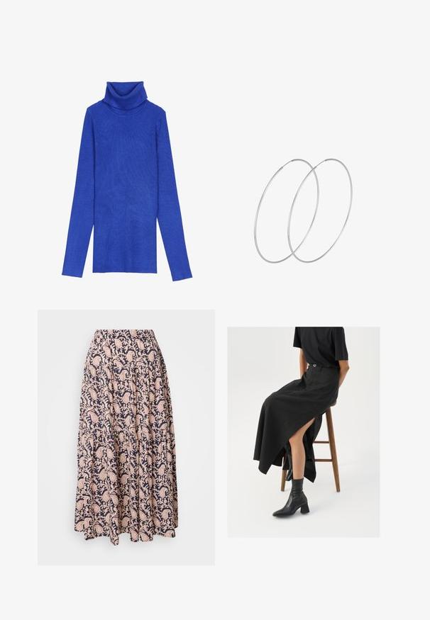 Royalblå ribbad polotröja gjord av texturerad tyg med långa ärmar och ett vikbart krage, med en smal passform.; Marinblå maxikjol med intrikata krämfärgade blommönster; har en rynkad midja och en flödande A-linjeform. Strukturerad textil.; Svart lin maxi kjol med hög slits, bärs med en svart t-shirt och svarta ankelstövlar. Minimalistisk design med en lös passform.; Silverfärgade hoopörhängen med en minimalistisk design. Cirkulär form, slät yta och tunn profil. Lätta med en polerad finish.
