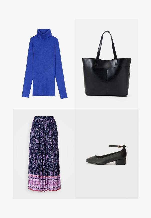 Königsblaues, geripptes Rollkragensweatshirt aus strukturiertem Stoff mit langen Ärmeln und umgeschlagenem Kragen, das ein schlankes Design aufweist.; Maxi-Rock in Marineblau mit aufwendigem lila Paisleymuster; elastischer Bund und geschichteter Saum mit kontrastierendem Blumenstoff am unteren Ende.; Schwarze Lederpumps mit spitzem Zehenbereich und niedrigem Blockabsatz. Mit einem Knöchelriemen und einer goldfarbenen Schnalle. Glatte Textur.; Schwarze Leder-Shopper-Tasche mit zwei langen Griffen, einer glatten Textur und einer strukturierten Form. Verfügt über eine Vordertasche für zusätzlichen Stauraum.; Silberne Creolen mit minimalistischem Design. Rundform, glatte Oberfläche und dünnes Profil. Leichtgewichtig mit hochglänzender Oberfläche.