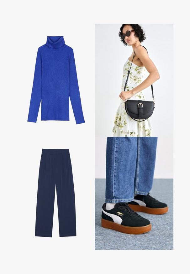 Kuningrubiinist ribidega turtleneck-sweater, valmistatud tekstuurilisest kangast, pika varrukaga ja kokkuvolditava kaelusega, millel on saledat lõiget.; Tumedat sinised laiad püksid pehmest kangast, millel on esipleekid, sile pind ja sirge lõige, ilma nähtavate taskuteta.; Musthave mustad ja valged sussid, millel on suede tekstuur ja kummi kummitald. Õlavarre peal on kuldne bränding ja ümmargused paelad, kantud siniste teksadega.; Mustmust mustraha kõverate joontega, eemaldatava rihmaga ja kuldsete detailidega. Kotil on klapp, millel on pandladetail.