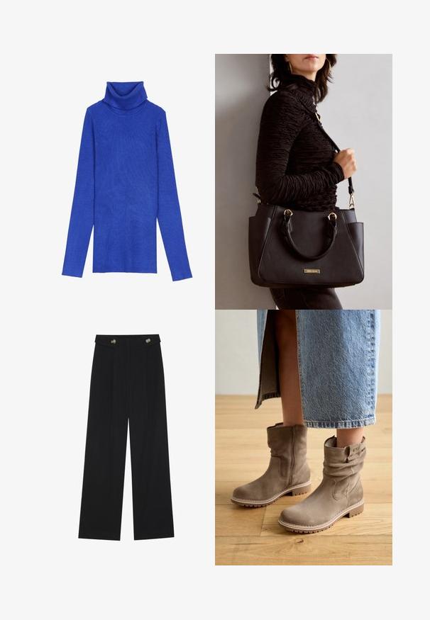 Pull en col roulé côtelé bleu royal réalisé en tissu texturé, avec des manches longues et un col replié, présentant un design ajusté.; Pantalons larges noirs à taille haute, avec des détails de boutons à la taille et des plis sur le devant.; Bottes de cheville en suede beige avec un design flou, fermeture éclair sur le côté et semelle en caoutchouc texturée. Les bottes présentent des accents cousus et un bout arrondi.; Sac à main noir avec surface texturée, deux poignées supérieures et bandoulière réglable. Doté de quincaillerie dorée et de poches latérales.