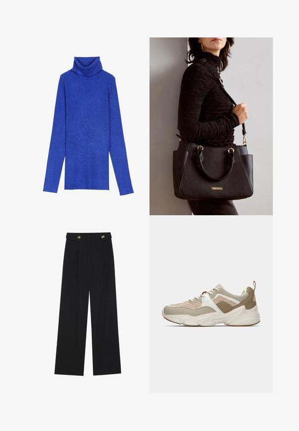 Suéter de cuello alto acanalado en azul royal, hecho de una tela texturizada, con mangas largas y un cuello doblado, que presenta un diseño ajustado.; Pantalones de pierna ancha negros con cintura alta, detalles de botones en la cinturilla y pliegues en la parte delantera.; Zapatillas ligeras con parte superior de malla beige, acentos blancos y detalles texturizados en marrón claro. Suela de goma gruesa con un patrón de olas único.; Bolso negro con superficie texturizada, doble asa superior y correa para hombro ajustable. Presenta herrajes en tono dorado y bolsillos laterales.