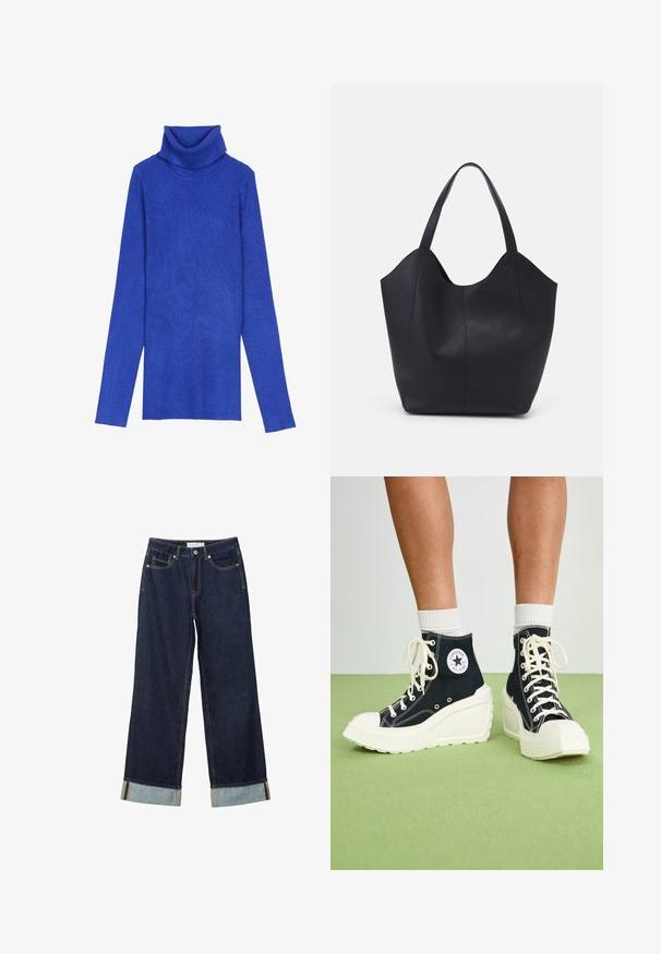 Royal plavi rebrasti pulover s rol kragnom izrađen od teksturiranog materijala, s dugim rukavima i preklopnom kragnom, s uskim krojem.; Tamno plave široke traperice viskog struka, s okrenutim rubovima, kontrastnim šavovima i dizajnom s pet džepova. Izrađene su od traper tkanine.; Crne visoke tenisice s podignutom bijelom platformom, s bijelim vezicama i okruglom logom na strani. Tekstura platnenog materijala.; Crna torba od glatke kože, s zakrivljenim otvorenim vrhom, dva remena za rame i minimalističkim dizajnom.