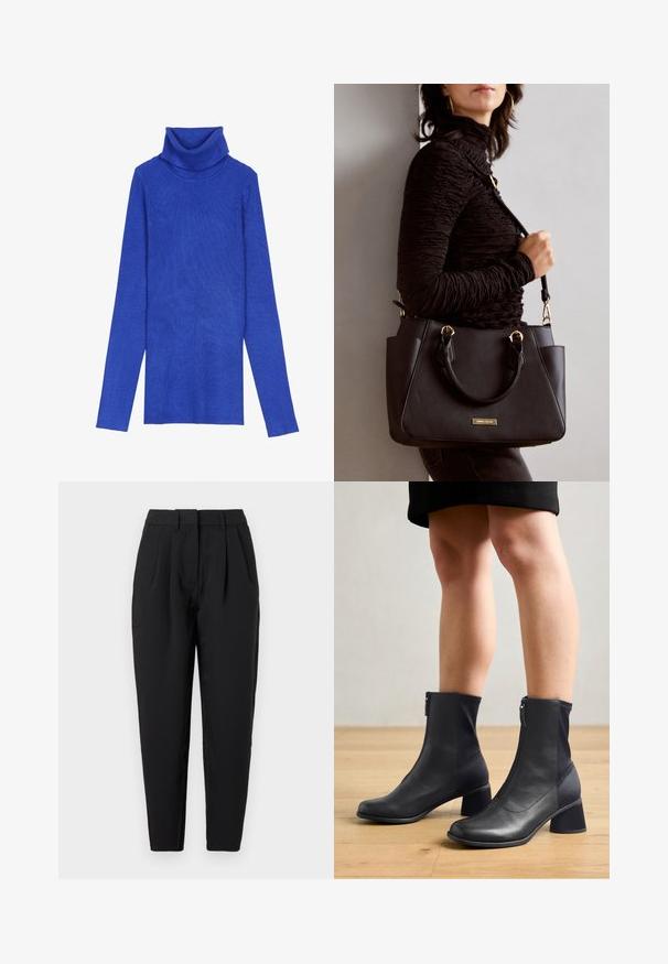 Suéter de cuello alto acanalado en azul royal, hecho de una tela texturizada, con mangas largas y un cuello doblado, que presenta un diseño ajustado.; Pantalones negros de corte recto, con pliegues en la parte delantera, textura suave y bolsillos laterales. La cinturilla es de altura estándar.; Botas negras hasta el tobillo con un diseño de materiales mixtos que presenta cuero suave y tejido elástico, punta cuadrada y un tacón bloque de altura media.; Bolso negro con superficie texturizada, doble asa superior y correa para hombro ajustable. Presenta herrajes en tono dorado y bolsillos laterales.