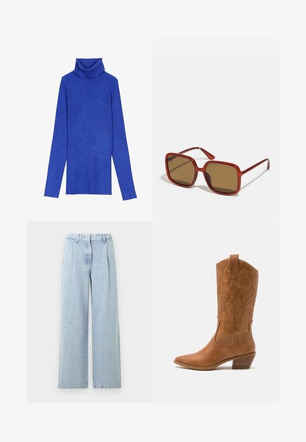 Royal blå ribbestrikket høyhalset genser laget av teksturert stoff med lange ermer og krage som kan brettes over, har en slim fit design.; Lyseblå denim vide bukser med folder, elastisk linning og falmet vask. Har rette ben og avsluttede kanter.; Brune lær cowboy støvel med spiss tå, broderte svirvlende mønstre på skaftet og en stablet blokk hæl. Har en trekksløyfe for enkel påkledning.; Røde firkantede solbriller med brune tonede linser. Tykk, glanset ramme med slanke stenger og små detaljer på siden for visuell interesse.; Brun lær tote bag med dobbelthåndtak, har kontraststing og en romslig design, egnet for daglig bruk.