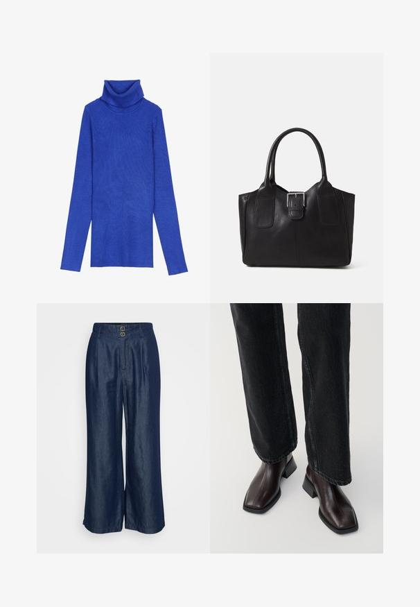 Royal modra rebrasta pulover s turtleneck iz teksturiranega blaga z dolgimi rokavi in zloženim ovratnikom, ki se ponaša s pridihom vitkega kroja.; Široke hlače iz temnega jeansa. Imajo dva sprednja gumba, nabran dizajn in gladko teksturo. Ravan kroj s polnim robom.; Rjavi usnjeni gležnjarji s kvadratnim nosom in blok peto, v kombinaciji s črnimi širokimi hlačami. Gladka textura in minimalističen dizajn.; Črna usnjena torba s gladko teksturo, strukturirano obliko, dvema ročkama in izrazitim srebrnim sponko na sprednji strani.