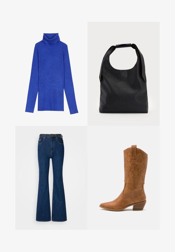 Królewsko-niebieski sweter z golfem, dostępny w prążkowanej strukturze, wykonany z teksturowanej tkaniny, z długimi rękawami oraz zamykanym kołnierzem. Charakteryzuje się dopasowanym krojem.; Niebieskie dżinsy z szerokimi nogawkami i wysokim stanem, z kontrastowym przeszyciem oraz wplecionym paskiem o plecionym wzorze. Gładka tekstura i klasyczny styl.; Brązowe skórzane kowbojki z wyciągniętym nosem, haftowanymi wzorami spiralnymi na cholewie oraz blokowym obcasem. Posiadają pętlę ułatwiającą zakładanie.; Czarna skórzana torba hobo z pojedynczym, miękkim, zaokrąglonym uchwytem; charakteryzuje się gładką teksturą i minimalistycznym designem. Brak widocznych elementów metalowych lub akcentów.; Srebrne kolczyki w formie obręczy o minimalistycznym designie. Okrągły kształt, gładka faktura i cienki profil. Lekkie, z polerowanym wykończeniem.