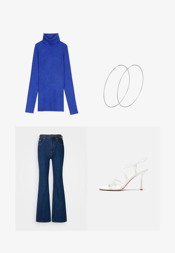 Royalblå ribbad polotröja gjord av texturerad tyg med långa ärmar och ett vikbart krage, med en smal passform.; Blå denimflared jeans med hög midja, kontrasterande sömmar och ett vävt bälte med flätad design. Slät textur och klassisk stil.; Vit remsandaler med hög klack, platt tårbas, strukturerad framdel med rynkade detaljer och en smal vristrem.; Silverfärgade hoopörhängen med en minimalistisk design. Cirkulär form, slät yta och tunn profil. Lätta med en polerad finish.