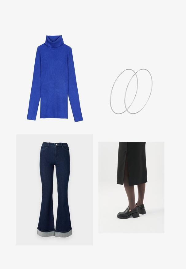 Kuningrubiinist ribidega turtleneck-sweater, valmistatud tekstuurilisest kangast, pika varrukaga ja kokkuvolditava kaelusega, millel on saledat lõiget.; Tumed sinised laiad teksad, mis on valmistatud denimist ja millel on kõrge vöökoht. Alaseljas on laiem äär heledamast denimist. Viie tasku disain ning nööbiga sulgemine.; Mustad mustad jalatsid ümmarguse varbaga, paksu plokkniidi ja elastsete külgdetailidega, kombineeritud tumedate sukkade ja musta lõhikuga seelikuga.; Hõbedased rõngastikkaehingad minimalistlikus disainis. Ümar kuju, sile tekstuur ja õhuke profiil. Kerged ning poleeritud viimistlusega.