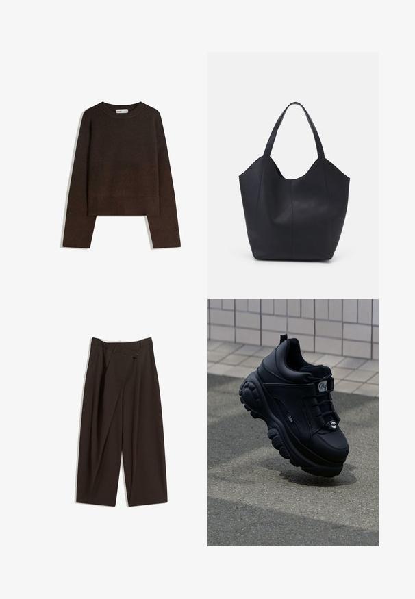 Brown knit sweater with a rounded neck, dropped shoulders, and ribbed cuffs and hem. Soft texture, cropped design. No visible patterns or hardware.; Dark brown wide-leg trousers with a high waist, featuring a single button closure and a pleated front. Made from lightweight fabric.; Black chunky sneakers with a smooth leather finish, lace-up front, cushioned sole, and embossed logo on the side. Textured outsole visible.; Black tote bag made of smooth leather, featuring a curved, open top with two shoulder straps and a minimalist design.