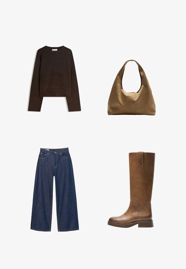 Smeđi pleteni džemper zaokruženog izreza, spuštenih ramena te rebrastih manžeta i ruba. Mekane teksture, krojen za skraćeni izgled. Nema vidljivih uzoraka ni metalnih detalja.; Široke traperice u tamnoplavom denimu, s kopčanjem na dugme, prednjim džepovima i žutim šavovima. Glatka tekstura.; Smeđe kožne čizme do koljena s zaobljenim nosom, teksturiranom površinom i niskim debljim potplatom. Imaju bočni panel i povlačnu traku na vrhu.; Smeđa platnena torba za rame s širokim, zaobljenim tijelom i velikim izrezanim drškom. Mekana tekstura, minimalistički dizajn i bez vidljivog hardvera.