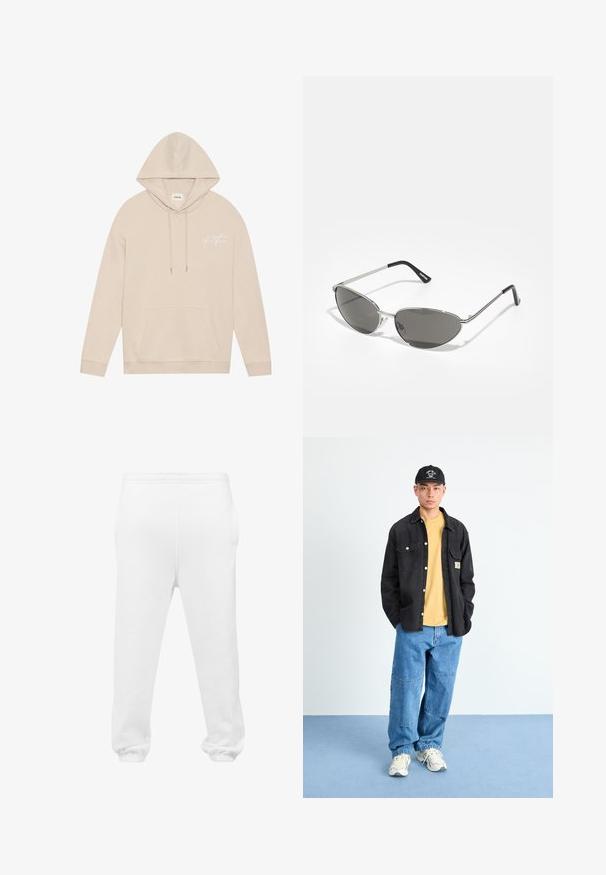Vastag, bézs kapucnis pulóver, elülső zsebbel és húzózsinórral, bal mellrészen kis, fehér, dőlt betűs felirattal.; Fehér, puha anyagból készült tréningnadrág, rugalmas derékpánttal, oldalsó zsebekkel és rugalmas mandzsettákkal a bokáknál.; Fekete gombos ing sárga póló fölött, világoskék bő szabású farmernadrággal párosítva. Az öltözéket fehér és szürke sportcipő egészíti ki.; Sötétített lencsékkel rendelkező napszemüveg, elegáns, ezüst színű fém vázzal, aerodinamikus kialakítással, hegyes szélekkel és vékony szárakkal.