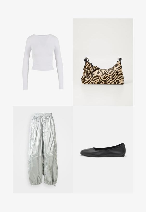 Gaiši zaļš adīts džemperis ar ribotu apaļu apkakli un apakšmalu. Ar kritušiem pleciem un garām piedurknēm. Mīksts iegūts ar smalku spīdumu.; Balts garo piedurknu topiņš ar apaļu kakla izgriezumu, izgatavots no gludas, elastīgas auduma, ar pieguļošu dizainu un bez redzamām aizdariem.; Sudiržie cargo bikses sudabīgā pelēkā krāsā ar spīguļojošu tekstūru, elastīgu jostasvietu, savāktiem piedurkņu galiem un divām lielām priekšējām kabatām.; Melna ādas baleta kurpe ar noapaļotu purngalu, gludu tekstūru, minimālu šuvju detalizāciju un elastīgu zoles dizainu.; Tote soma ar tīģera svītru rakstu, kurai ir bēša pamatne ar melnām svītrām, gluda virsma un melnas akcenti. Iekļauta regulējama siksna.