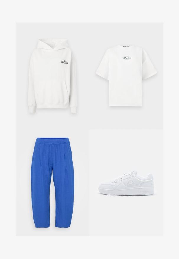 Bela bombažna kapa s kengurujskim žepom, rebrastimi manšetami in kapuco z vrvico. Vključuje majhen črn logo na prsih.; Bela kratka majica s kratkimi rokavi iz bombaža, ki v središču prsnega dela vsebuje grafični logo v zeleni barvi v ovalni obliki.; GAP Petite WIDE LEG EASY - Hlače - dazzling blue; Bele copate iz gladkega sintetičnega materiala, z okroglo konico, ravnim podplatom in diskretnimi logotipnimi detajli ob straneh. Klasična nizka zasnova.