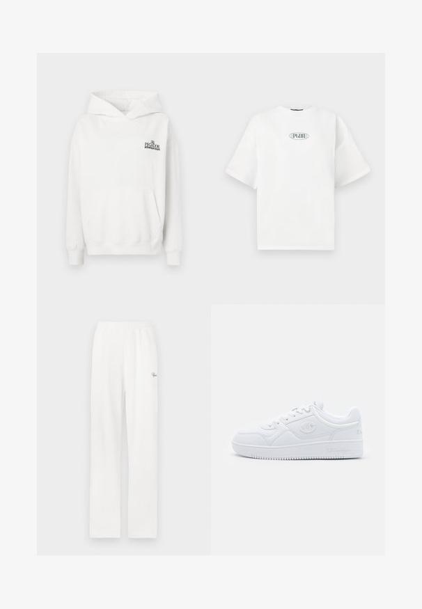 Biała bawełniana bluza z kapturem, z kangurkową kieszenią, ściągaczami przy mankietach i sznurkiem do regulacji kaptura. Posiada małe czarne logo na klatce piersiowej.; Biała koszulka z krótkim rękawem wykonana z bawełny, z graficznym logo w kolorze zielonym w owalnym kształcie na środku klatki piersiowej.; Białe, prążkowane spodnie lounge z elastycznym paskiem i małym ozdobnym logo po lewej stronie. Prosty krój nogawki i miękka tekstura.; Białe sneakersy wykonane z gładkiego materiału syntetycznego, z okrągłym czubkiem, płaską podeszwą i subtelnymi akcentami logo po bokach. Klasyczny niski design.