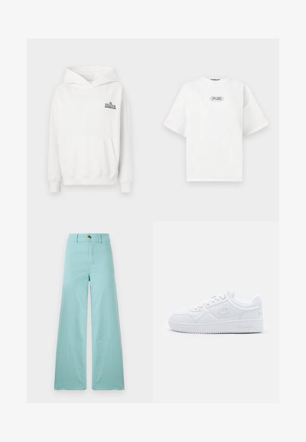 White cotton hoodie with a kangaroo pocket, ribbed cuffs, and a drawstring hood. Features a small black logo on the chest.; White short-sleeve t-shirt made of cotton, featuring a graphic logo in green within an oval shape at the center of the chest.; Wide-leg trousers made of light blue fabric with a frayed hem. Features a button closure and standard pockets. Smooth texture throughout.; White sneaker made of smooth synthetic material, featuring round toe, flat sole, and subtle logo accents on the sides. Classic low-top design.