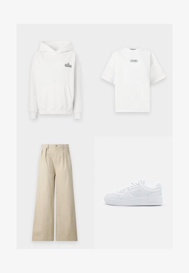 Bílá bavlněná mikina s klokaní kapsou, žebrovanými manžetami a kapucí na stahování. Má malé černé logo na hrudi.; Bílé tričko s krátkým rukávem vyrobené z bavlny, se zeleným grafickým logem uvnitř oválného tvaru umístěným na středu hrudi.; Beige široké kalhoty vyrobené z bavlny, s nažehlenými záhyby, zapínáním na knoflík a bočními kapsami, s hladkým a jemným povrchem.; Bílé tenisky vyrobené z hladkého syntetického materiálu, s kulatou špičkou, plochou podrážkou a jemnými logo akcenty po stranách. Klasický design nízkých tenisek.