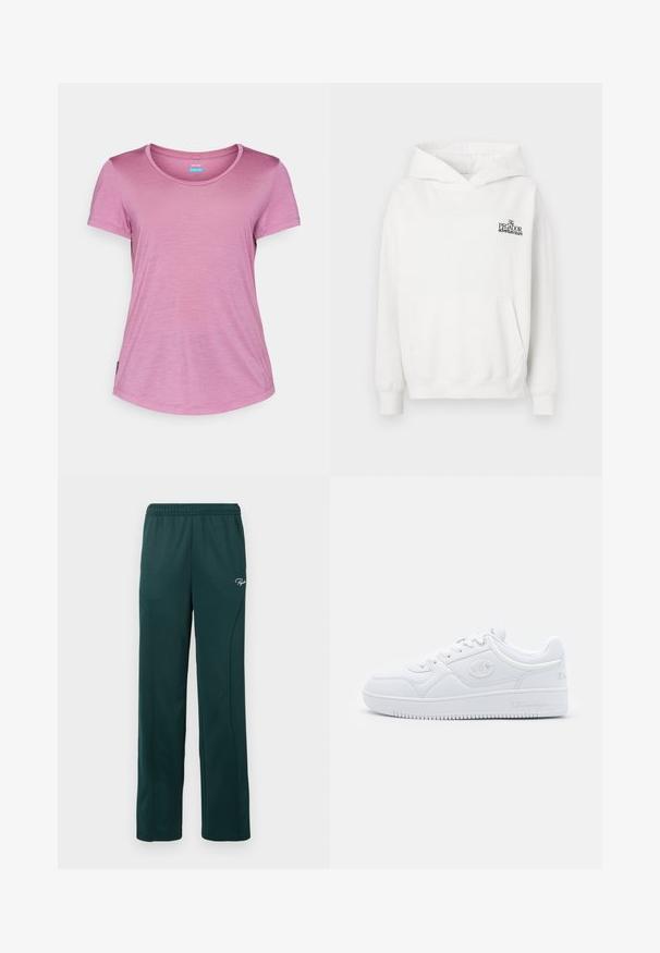 Sudadera blanca de algodón con bolsillo canguro, puños acanalados y capucha con cordón. Presenta un pequeño logo negro en el pecho.; icebreaker WOMEN SPHERE SCOOP TEE - Camiseta básica - deco; Pantalones de chándal verde oscuro hechos de una tela suave, con una cintura elástica y costuras laterales, y un pequeño logo en la parte delantera.; Zapatilla blanca hecha de material sintético suave, con puntera redonda, suela plana y sutiles acentos de logo en los laterales. Diseño clásico de caña baja.