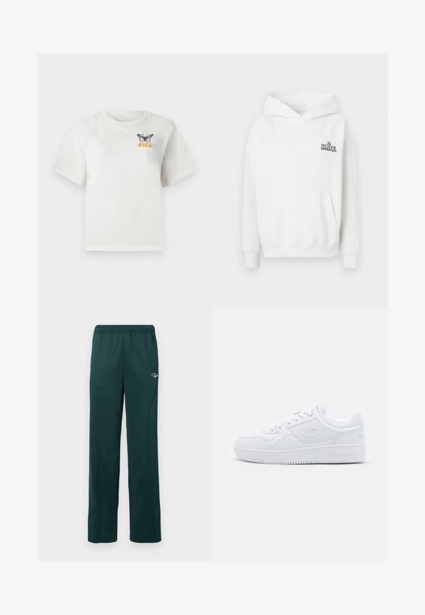 Hvit bomullshettegensere med kengurulomme, ribbestrikkede mansjetter og hette med snøring. Har en liten svart logo på brystet.; Hvit t-skjorte med kort erm, med en svart sommerfugl og oransje "RVCA"-tekst på øvre venstre bryst.; Mørkegrønne joggebukser laget av mykt stoff, med elastisk midjebånd og sidesømmer, samt en liten logo foran.; Hvit sneakers laget av glatt syntetisk materiale, med rund tå, flat såle og subtile logoaksenter på sidene. Klassisk lavt design.