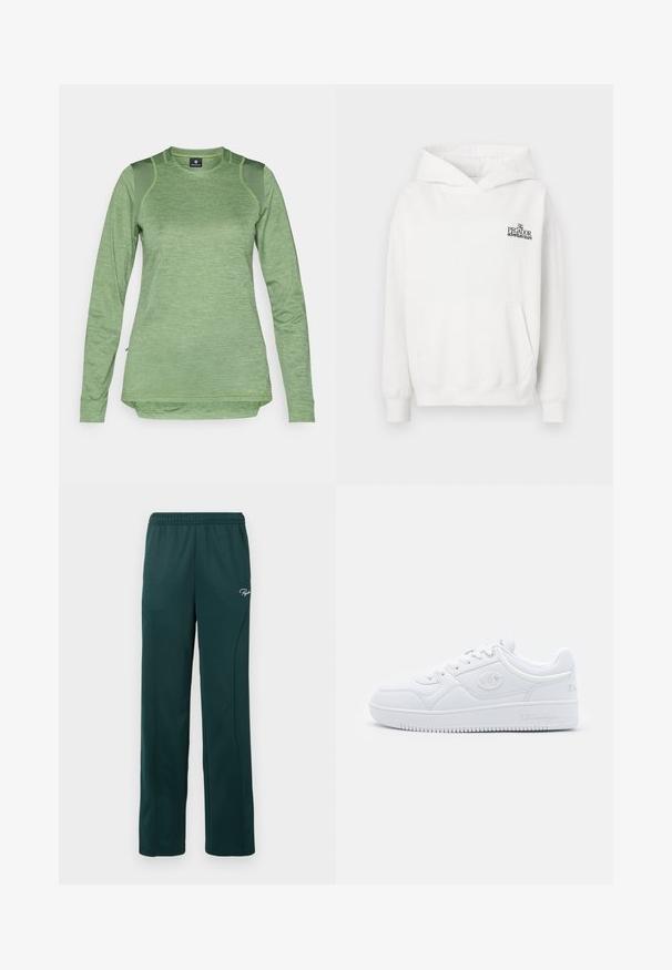 Hvit bomullshettegensere med kengurulomme, ribbestrikkede mansjetter og hette med snøring. Har en liten svart logo på brystet.; Langermet atletisk skjorte i lysegrønn, laget av teksturert stoff med mesh-paneler på skuldrene, med en avrundet hem og rund hals.; Mørkegrønne joggebukser laget av mykt stoff, med elastisk midjebånd og sidesømmer, samt en liten logo foran.; Hvit sneakers laget av glatt syntetisk materiale, med rund tå, flat såle og subtile logoaksenter på sidene. Klassisk lavt design.
