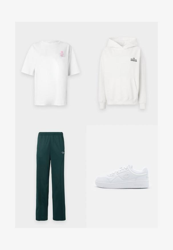 Witte katoenen hoodie met een kangoeroezak, geribbelde boorden en een capuchon met trekkoorden. Heeft een klein zwart logo op de borst.; Wit katoenen T-shirt met korte mouwen en ronde hals, met een klein roze "Vacation Club" logo op de linkerborst.; Donkergroene sweatpants van zacht materiaal, met een elastische tailleband en zijnaadseams, en een klein logo op de voorkant.; Witte sneaker van glad synthetisch materiaal, met ronde neus, platte zool en subtiele logo-accenten aan de zijkanten. Klassiek laag ontwerp.