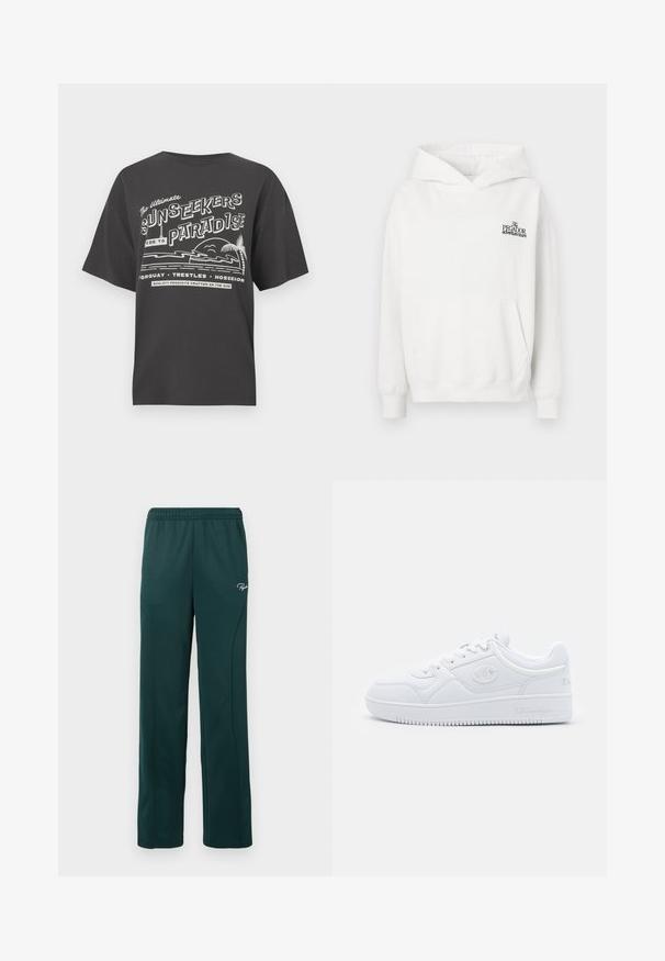 Witte katoenen hoodie met een kangoeroezak, geribbelde boorden en een capuchon met trekkoorden. Heeft een klein zwart logo op de borst.; Zwart katoenen T-shirt met een witte afbeelding met tekst en strandbeelden, waaronder palmbomen en golven. Losse pasvorm en ronde hals.; Donkergroene sweatpants van zacht materiaal, met een elastische tailleband en zijnaadseams, en een klein logo op de voorkant.; Witte sneaker van glad synthetisch materiaal, met ronde neus, platte zool en subtiele logo-accenten aan de zijkanten. Klassiek laag ontwerp.