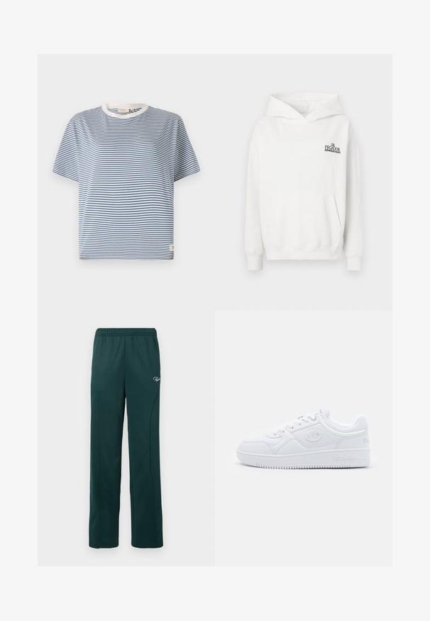 Hvid bomulds hoodie med kengurulomme, ribbede manchetter og hætte med snor. Har et lille sort logo på brystet.; Blå og hvid stribet kortærmet t-shirt med rund halsudskæring og et lille mærke på den nederste side. Lavet af et let materiale.; Mørkegrønne sweatpants lavet af blødt stof, med elastisk talje og sidesømme, samt et lille logo foran.; Hvide sneakers lavet af glat syntetisk materiale, med rund tå, flad sål og diskrete logo detaljer på siderne. Klassisk lavt design.