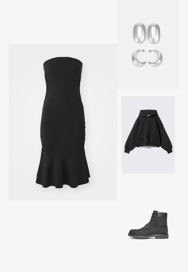 Hoodie oversized preto feito de tecido suave, apresentando um grande bolso frontal, mangas longas em balão e capuz com cordão.; Vestido preto sem alças, feito de um tecido elástico, com franzidos nas laterais e uma bainha rodada. Textura suave com um silhueta ajustada.; Bota de tornozelo em pele preta com ponta redonda, frente com atacadores, gola almofadada e sola de borracha texturizada. Apresenta um logótipo em relevo na lateral.; Conjunto de brincos prateados: dois studs ovais e dois brincos em forma de meia-lua, apresentando um acabamento brilhante e suave e um design arredondado.