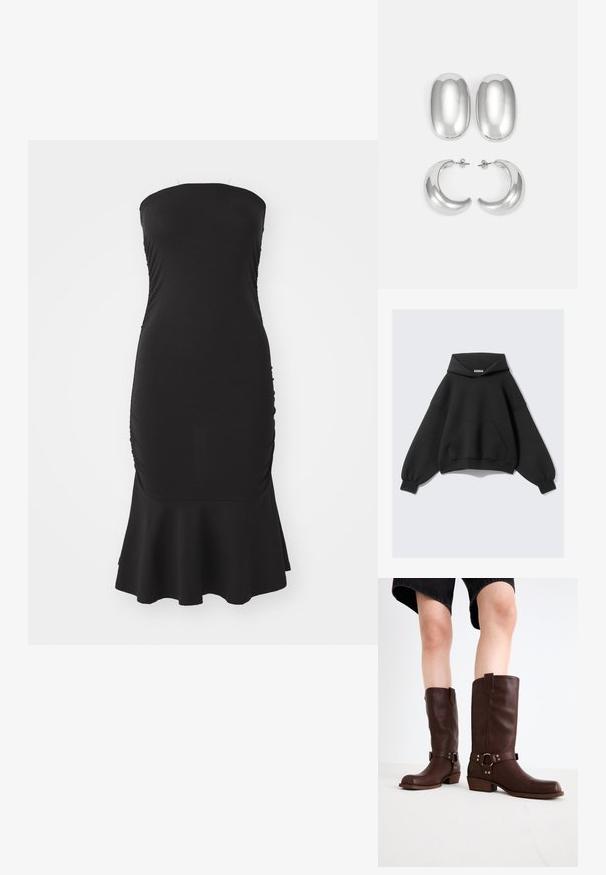 Fekete, oversized kapucnis pulóver, puha anyagból készült, nagy elülső zsebbel, hosszú, ballon ujjakkal és állítható kapucnival.; Fekete, pánt nélküli ruha rugalmas anyagból, oldalt ráncolással és bővült szegéllyel. Sima textúra, testhez simuló fazon.; Barna bőr, térd feletti csizmák kerek orral, textúrázott felülettel, bokapánttal és ezüst hardware részletekkel; rétegezett sarokkal.; Ezüst színű fülbevaló szett: két ovális stud és két félhold alakú karika, fényes, sima felülettel és kerekdeden formával.