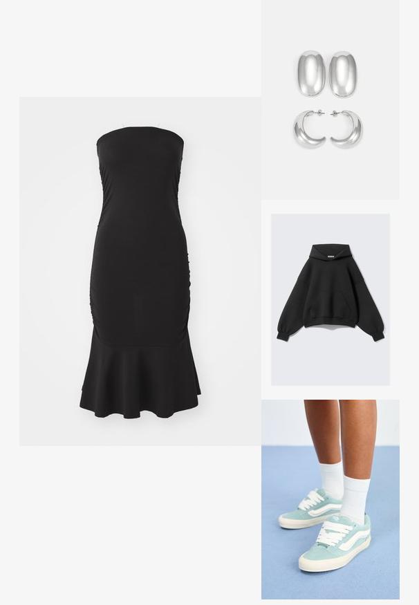 Svart oversized hettegenser laget av myk stoff, med en stor frontlomme, lange ballongsleeves og snøring i hetten.; Svart stramkjole uten stropper laget av elastisk stoff, med rynker langs sidene og en utflared kant. Jevn tekstur med en tettsittende silhuett.; Lyseblå ruskindsneakers med hvide detaljer og snørebånd. Rund tå med en tekstureret overdel. Båret med hvide ankelstrømper på en blå overflade.; Sølvfargede øredobber sett: to ovale stifter og to halvmåneformede hoops, med en glansfull, glatt overflate og en rund design.