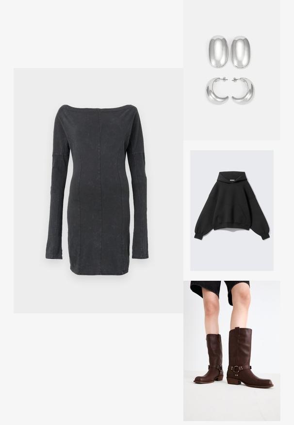 Fekete, oversized kapucnis pulóver, puha anyagból készült, nagy elülső zsebbel, hosszú, ballon ujjakkal és állítható kapucnival.; Fekete, testhezálló, vállnélküli ruha hosszú ujjakkal, sima textúrával és finom fényükkel, a szabott varrások részleteivel.; Barna bőr, térd feletti csizmák kerek orral, textúrázott felülettel, bokapánttal és ezüst hardware részletekkel; rétegezett sarokkal.; Ezüst színű fülbevaló szett: két ovális stud és két félhold alakú karika, fényes, sima felülettel és kerekdeden formával.