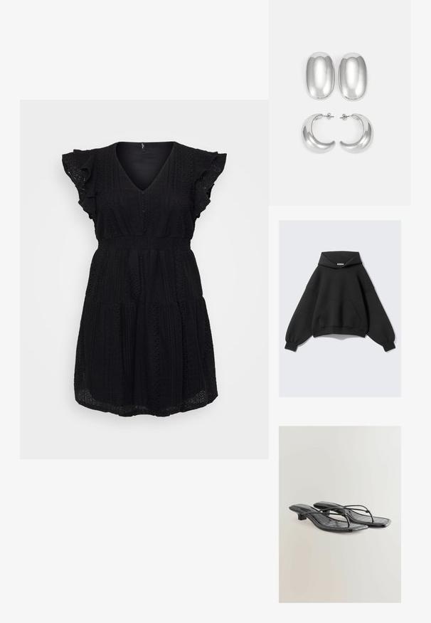 Liela melna kapuce, kas izgatavota no mīkstas auduma, ar lielu priekšējo kabatu, garām balonu piedurknēm un aukliņu kapuci.; Melnas kleitas ar V veida kakla izgriezumu, īsām volānu piedurknēm, teksturētu audumu un pieguļošu jostasvietu, kas pāriet plūstošā svārku daļā.; Melnas mākslīgās ādas sandalītes ar krokodila tekstūru, kvadrātveida purngaliem un zemu papēdi. Ar plānām siksniņām, kas savieno zoli.; Sudraba krāsas auskari: divi ovāli studu auskari un divi pusmēness formas gredzeni, ar gludu, spīdīgu apdari un noapaļotu dizainu.