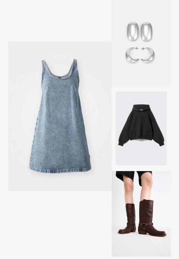 Svart oversized hettegenser laget av myk stoff, med en stor frontlomme, lange ballongsleeves og snøring i hetten.; Lys blå denimkjole med ermeløst design, rund hals og avslappet passform. Har en hemline som faller over kneet.; Brune lærknesko med rund tå, teksturert overflate, ankelrem og detaljer i sølv; stablet hæl.; Sølvfargede øredobber sett: to ovale stifter og to halvmåneformede hoops, med en glansfull, glatt overflate og en rund design.
