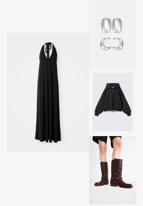 Czarna, oversize bluza z kapturem wykonana z miękkiego materiału, z dużą przednią kieszenią, długimi rękawami w kształcie balonów oraz regulowanym kapturem.; Czarna sukienka na halter z głębokim dekoltem w kształcie V, o swobodnym kroju, wykonana z miękkiego materiału, z regulowanymi wiązaniami na szyi dla lepszego dopasowania.; Brązowe skórzane kozaki do kolan z okrągłym noskiem, teksturowaną powierzchnią, paskiem w okolicy kostki i srebrnymi detalami; na platformie.; Zestaw srebrnych kolczyków: dwa owalne wkręty i dwa półokrągłe kolczyki w kształcie księżyca, z błyszczącym, gładkim wykończeniem i zaokrąglonym kształtem.