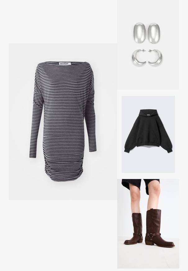 Czarna, oversize bluza z kapturem wykonana z miękkiego materiału, z dużą przednią kieszenią, długimi rękawami w kształcie balonów oraz regulowanym kapturem.; Sukienka w paski z długim rękawem w czarnym i szarym kolorze. Posiada luźny krój, okrągły dekolt i szczegóły marszczenia po bokach. Wykonana z miękkiego materiału.; Brązowe skórzane kozaki do kolan z okrągłym noskiem, teksturowaną powierzchnią, paskiem w okolicy kostki i srebrnymi detalami; na platformie.; Zestaw srebrnych kolczyków: dwa owalne wkręty i dwa półokrągłe kolczyki w kształcie księżyca, z błyszczącym, gładkim wykończeniem i zaokrąglonym kształtem.
