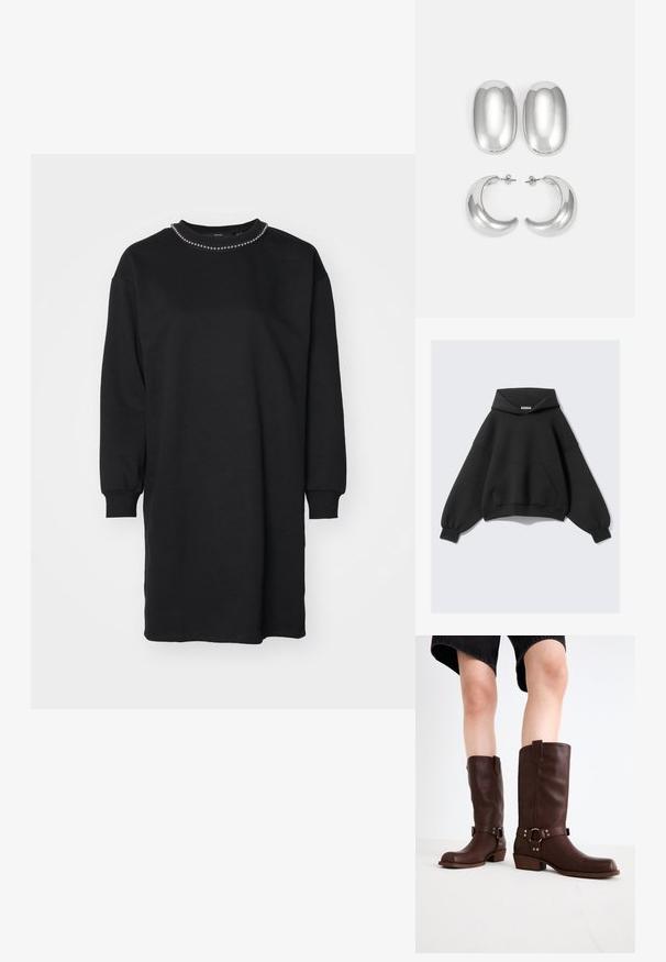 Hanorac negru cu o croială supradimensionată, realizat dintr-un material moale, având o buzunar mare în față, manșoane lungi tip balon și glugă cu șnur.; Rochie neagră din sweatshirt cu mâneci lungi, decolteu rotund decorat cu mărgele, confecționată dintr-un material moale și texturat.; Cizme din piele maro, până la genunchi, cu vârf rotunjit, suprafață texturată, curea la gleznă și detalii din metal argintiu; toc înălțat.; Set de cercei argintii: două stud-uri ovale și două cercuri în formă de semilună, având un finisaj lucios și neted și un design rotunjit.