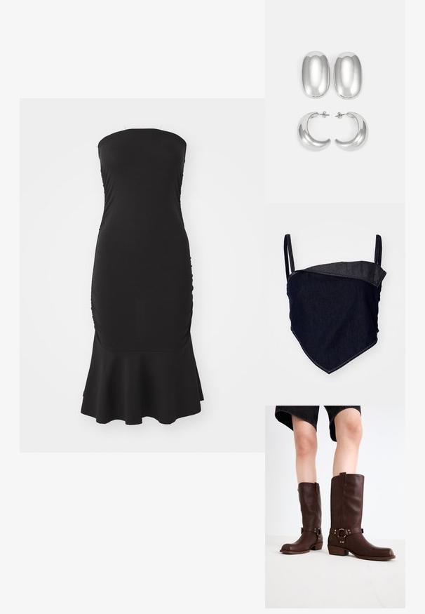 Crni oversized dukserica izrađena od mekanog materijala, s velikim prednjim džepom, dugim balon rukavima i kapuljačom s vezicom.; Denim bralette s prilagođenim dizajnom. Tamnoplava tkanina s svjetlijom, kutnom pločom. Podesive naramenice i vidljive detalje šavova.; Crna haljina bez naramenica od rastezljivog materijala, sa nabranim detaljima duž bokova i lepršavim rubom. Glatka tekstura i prilagođen silueta.; Smeđe kožne čizme do koljena s okruglim vrhom, teksturiranom površinom, remenom oko gležnja i detaljima od srebrnog hardvera; s naboranim potplatom.; Set srebrnih naušnica: dva ovalna studa i dva polumjesečasta obruča, s sjajnom, glatkom završnom obradom i zaobljenim dizajnom.