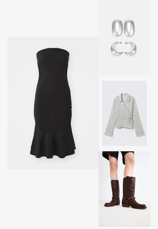 Crni oversized dukserica izrađena od mekanog materijala, s velikim prednjim džepom, dugim balon rukavima i kapuljačom s vezicom.; Svijetlo siva košulja sa ovratnikom, dugim rukavima, suptilnim prugama i vezanim strukom. Izrađena je od teksturirane tkanine.; Crna haljina bez naramenica od rastezljivog materijala, sa nabranim detaljima duž bokova i lepršavim rubom. Glatka tekstura i prilagođen silueta.; Smeđe kožne čizme do koljena s okruglim vrhom, teksturiranom površinom, remenom oko gležnja i detaljima od srebrnog hardvera; s naboranim potplatom.; Set srebrnih naušnica: dva ovalna studa i dva polumjesečasta obruča, s sjajnom, glatkom završnom obradom i zaobljenim dizajnom.