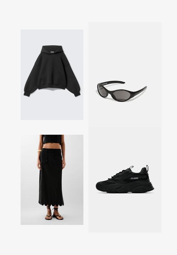 Czarna, oversize bluza z kapturem wykonana z miękkiego materiału, z dużą przednią kieszenią, długimi rękawami w kształcie balonów oraz regulowanym kapturem.; Czarna lniana spódnica z falbaniastym dołem i dwiema kieszeniami z akcentami w kształcie falbanki; zestawiona z czarnymi płaskimi sandałami.; Czarny, masywny sneaker Steve Madden z siateczkowymi panelami, grubą podeszwą, pętlami do ciągnięcia na języku i pięcie, oraz logo po bokach, przedstawiony w profilu.; Czarne okulary przeciwsłoneczne o owalnym kształcie i ciemnych soczewkach. Smukła plastikowa oprawa z teksturowanymi akcentami na zausznikach. Logo marki po bokach.