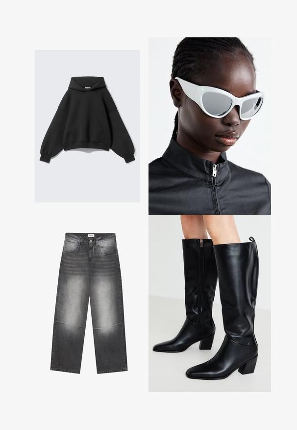 Schwarzer weit geschnittener Hoodie aus weichem Stoff, mit einer großen Fronttasche, langen Ballonärmeln und einer Kordelzugkapuze.; Schwarze Jeans mit weitem Bein aus Denim mit einem verblassten grauen Finish, ausgestattet mit Fronttaschen, einem Knopfverschluss und leichten Abnutzungserscheinungen an den Knien.; Schwarze Lederstiefel bis zum Knie mit einer spitzen Zehenform, Blockabsatz und seitlichem Reißverschluss; glatte Textur und minimale Designdetails.; Weiße Sonnenbrille mit einem auffälligen, übergroßen Design und verspiegelten Gläsern, ausgestattet mit glatten Kunststoffrahmen und betonten Kurven.; Set aus sieben silbernen Ringen mit verschiedenen Designs, einschließlich verdrehter, verbundener und gravierter Muster. Unterschiedliche Formen und Breiten.