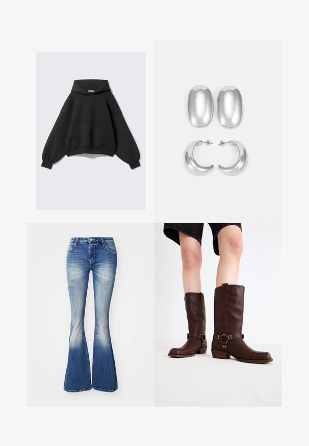 Fekete, oversized kapucnis pulóver, puha anyagból készült, nagy elülső zsebbel, hosszú, ballon ujjakkal és állítható kapucnival.; Kék, bővülő fazonú farmernadrág, amely kopott mosással készült. Jellemzői közé tartozik a testhezálló derék, az öt zsebes kialakítás és a lábszáraknál enyhe kopás.; Barna bőr, térd feletti csizmák kerek orral, textúrázott felülettel, bokapánttal és ezüst hardware részletekkel; rétegezett sarokkal.; Ezüst színű fülbevaló szett: két ovális stud és két félhold alakú karika, fényes, sima felülettel és kerekdeden formával.