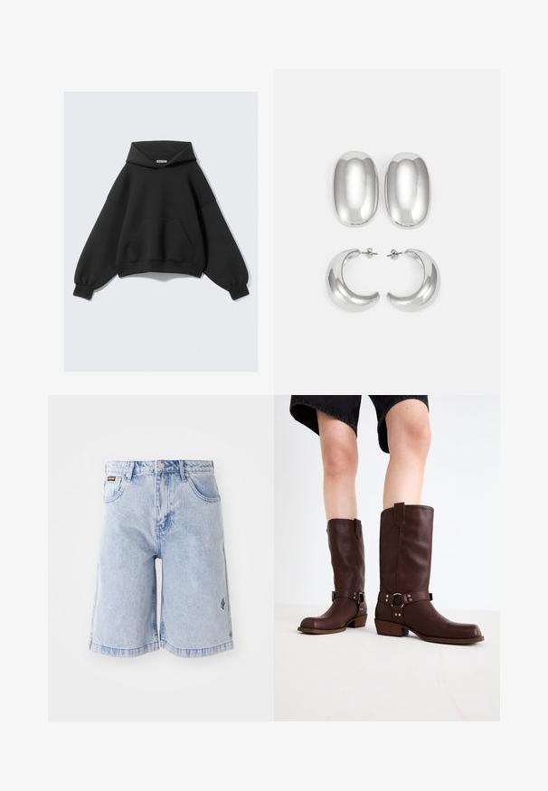 Sudadera negra de gran tamaño, hecha de una tela suave, que presenta un gran bolsillo frontal, mangas largas con forma de globo y capucha con cordón.; Pantalones cortos de denim azul claro con una cintura alta, corte holgado y bolsillos delanteros. Costuras decorativas y logo de la marca bordado en el costado.; Botas de cuero marrón hasta la rodilla con punta redonda, superficie texturizada, correa en el tobillo y detalles de hardware plateado; tacón apilado.; Conjunto de aretes de color plateado: dos pendientes ovalados y dos aros en forma de media luna, con un acabado brillante y suave y un diseño redondeado.