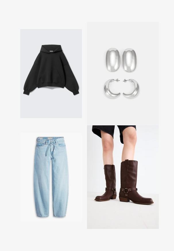 Black oversized hoodie made of soft fabric, featuring a large front pocket, long balloon sleeves, and a drawstring hood.; Levi's® XL BALLOON - Relaxed fit jeans - light-blue denim; Brown leather knee-high boots with a rounded toe, textured surface, ankle strap, and silver hardware detail; stacked heel.; Silver-colored earrings set: two oval studs and two crescent-shaped hoops, featuring a glossy, smooth finish and a rounded design.