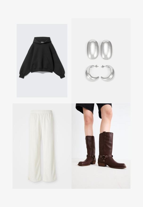 Μαύρος oversized hoodie φτιαγμένος από μαλακό ύφασμα, με μεγάλη μπροστινή τσέπη, μακριά μπαλόνι μανίκια και αποσπώμενη κουκούλα με κορδόνι.; Κρεμ παντελόνια με φαρδιά γραμμή, κατασκευασμένα από ελαφρύ υλικό, με κάθετες ρίγες και ελαστική μέση.; Καφέ δερμάτινες μπότες στον γόνατο με στρογγυλή μύτη, υφή, ιμάντα στον αστράγαλο και ασημένια στοιχεία; με τακούνι τύπου stack.; Σετ ασημένιων σκουλαρικιών: δύο οβάλ σκουλαρίκια και δύο ημικυκλικά κρίκους, με γυαλιστερή, λεία επιφάνεια και στρογγυλεμένο σχέδιο.