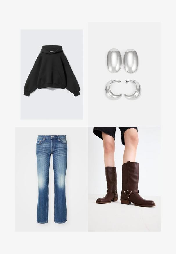 Liela melna kapuce, kas izgatavota no mīkstas auduma, ar lielu priekšējo kabatu, garām balonu piedurknēm un aukliņu kapuci.; Weekday ARROW LOW - Džinsi ar taisnām starām - mine blue; Brūni ādas līdz ceļiem zābaki ar noapaļotu purngalu, teksturētu virsmu, potītes siksnu un sudraba detaļām; zābaku papēdis ar slāņiem.; Sudraba krāsas auskari: divi ovāli studu auskari un divi pusmēness formas gredzeni, ar gludu, spīdīgu apdari un noapaļotu dizainu.