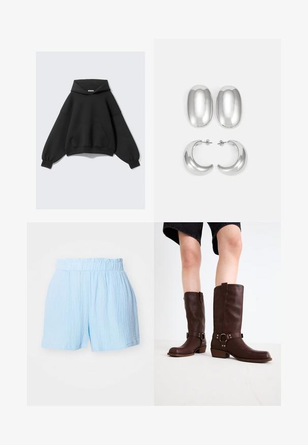 Musthave musta ülesuuruses kapuutsiga sviiter, mis on valmistatud pehmest kangast. Sellel on suur eesmine tasku, pikad õhkjad varrukad ja nööriga kapuuts.; Heledad sinine puuvillane lühikesed püksid, millel on tekstuuriga, kortsus disain, elastse vöökoha ja küljetaskudega. Mugav lõige ja lõdvestunud stiil.; Pruunid nahast põlvekõrgused saapad, millel on ümar varvas, tekstuuriga pind, pahkluu rihm ja hõbedane detail; klambriga konts.; Hõbedast kõrvarõngaste komplekt: kaks ovaalset kinnitust ja kaks poolkuu kujulist rippuvat kõrvarõngast, millel on läikiv ja sujuv viimistlus ning ümar disain.