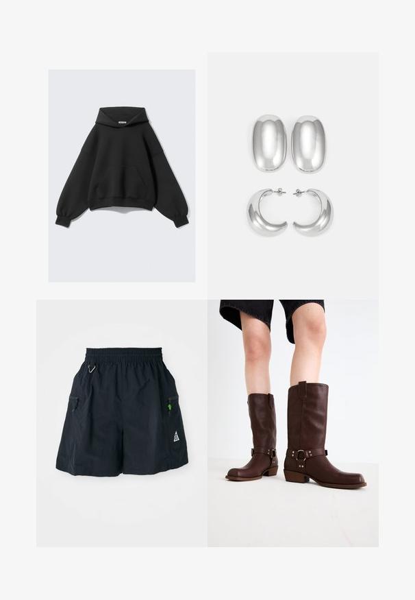 Crni oversized dukserica izrađena od mekanog materijala, s velikim prednjim džepom, dugim balon rukavima i kapuljačom s vezicom.; Crne kratke hlače izrađene od laganog materijala, s elastičnim pojasom, bočnim džepovima sa zatvaračima i trokutastim logotipom na rubu.; Smeđe kožne čizme do koljena s okruglim vrhom, teksturiranom površinom, remenom oko gležnja i detaljima od srebrnog hardvera; s naboranim potplatom.; Set srebrnih naušnica: dva ovalna studa i dva polumjesečasta obruča, s sjajnom, glatkom završnom obradom i zaobljenim dizajnom.