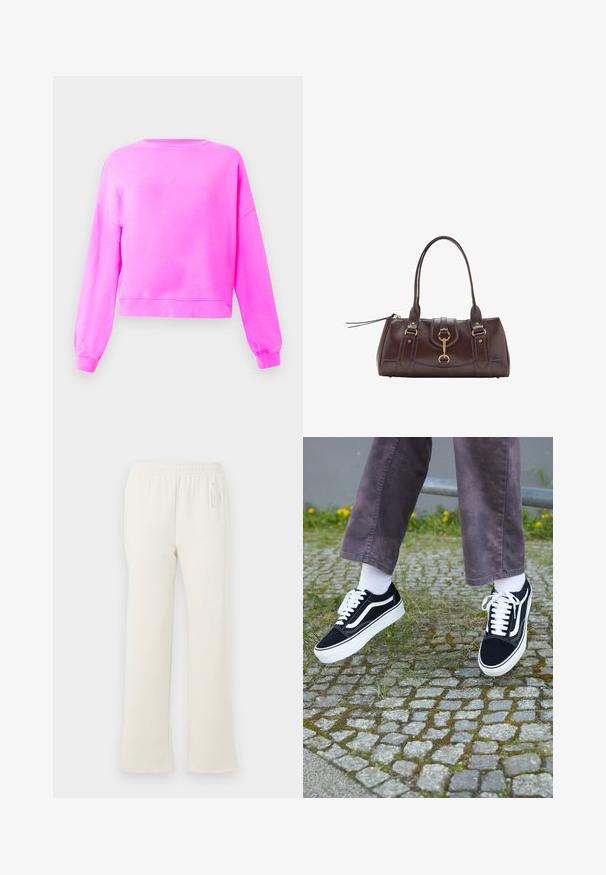 Svetložltý sveter s dlhým rukávom a okrúhlym výstrihom v jasne ružovej farbe, s ribovanými manžetami a lemom, zobrazený na jednoduchom svetlom pozadí.; Krémové teplákové nohavice s elastickým pásom a decentným logom "GAP" na hornej ľavej strane bokov, zobrazené na bielom pozadí.; Čierne semišové tenisky s bielymi akcentmi, s okrúhlou špičkou, hrubou bielou podrážkou a klasickým šnurovacím dizajnom, kombinované s bielymi ponožkami a fialovými nohavicami.; Tmavohnedá kožená kabelka s dvoma hornými uchami, zlatými kovovými akcentmi, predným zámkom a prešívanými textúrami na stranách.