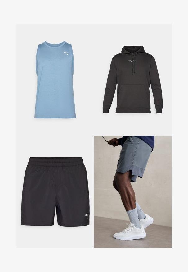 Črn kapuča s kenguru žepom, vrvicami na vratu in majhnim belim logotipom na prsih. Narejena iz gladkega, teksturiranega blaga.; Svetlo modra brezrokavna športna majica iz mehkega materiala, z okroglim izrezom in belim logotipom Puma na levem prsnem košu.; Črne športne hlače z elastičnim pasom, narejene iz lahkega materiala, z majhnim belim logotipom na spodnjem delu.; Bela športna obutev z zgornjim delom iz teksturirane mreže, kombinirana z svetlo modrimi rebrastimi nogavicami z logotipom. Sivi športni šortsi s perforiranim robom.