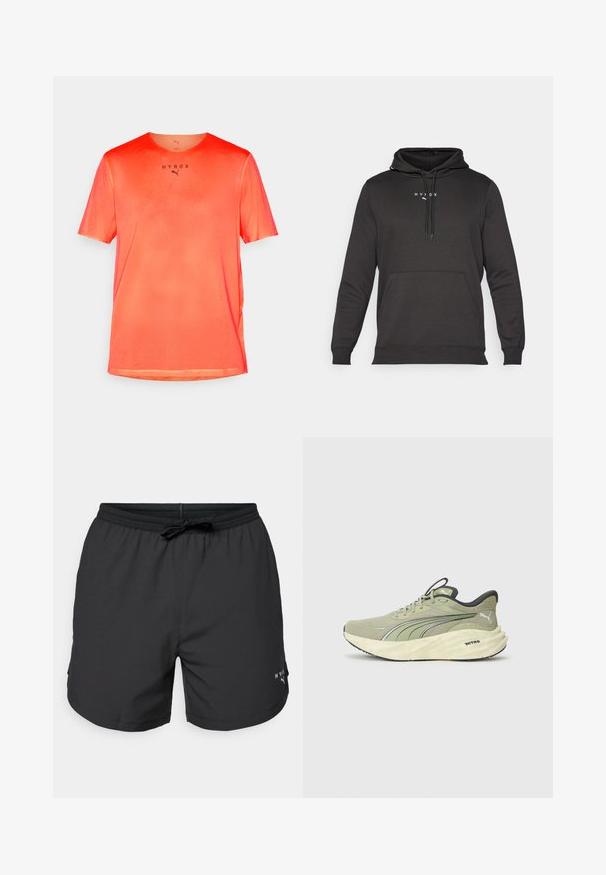 Melnā kapučjaka ar kangaroo kabatu, auklītēm ap kaklu un mazu balto logo uz krūtīm. Izgatavota no gludas, teksturētas auduma.; Sarkanais acs sporta T-krekls ar īsām piedurknēm, apaļu kakla izgriezumu un melnu "HYROX" tekstu uz priekšpuses. Viegls, elpojošs audums ar teksturētu virsmu.; Melnas peldbikses ar elastīgu jostasvietu un auklu. Vieglas audums ar sānu kabatām. Satur mazu logo uz apakšmalas.; Gai zaļi skriešanas apavi ar teksturētu tīkla augšdaļu, atstarojošiem akcentiem, biezu mīkstināto zoli un melnu apdari uz papēža un zoles.